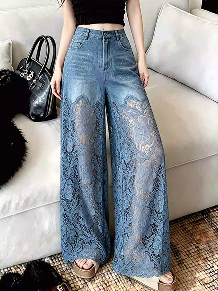 Blue openwork denim wide-leg pants