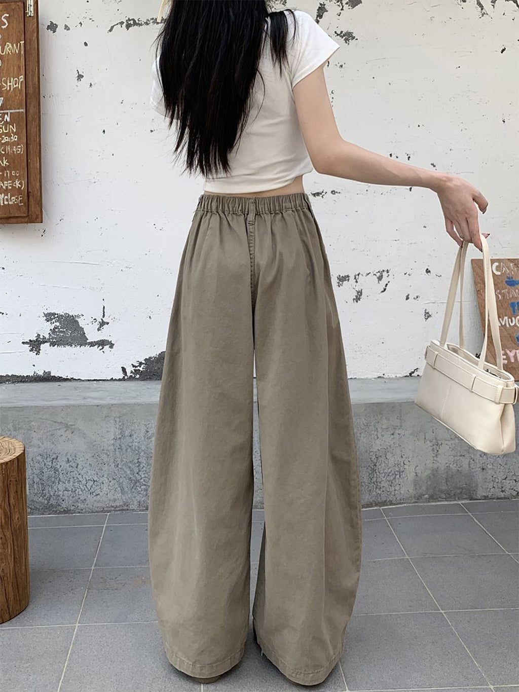 Petite women's khaki wide-leg jeans with