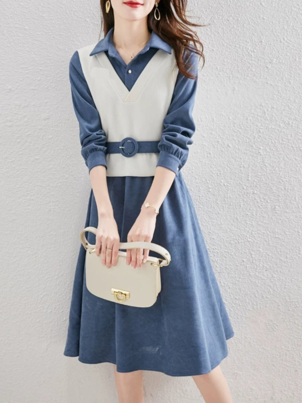 Stylish lapel faux two-piece dress