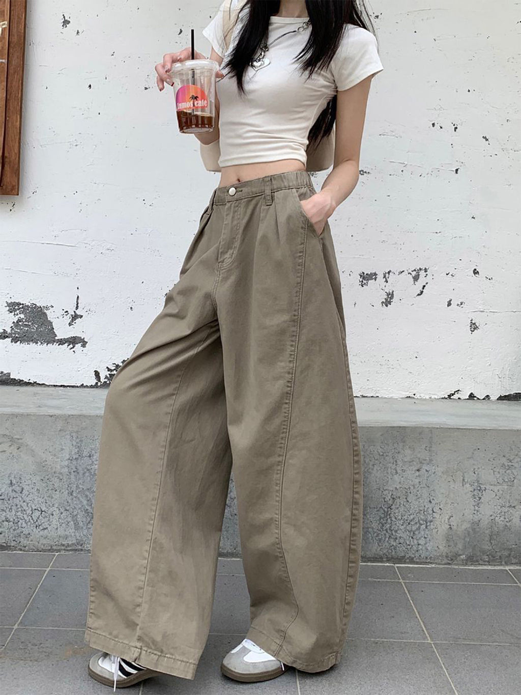 Petite women's khaki wide-leg jeans with