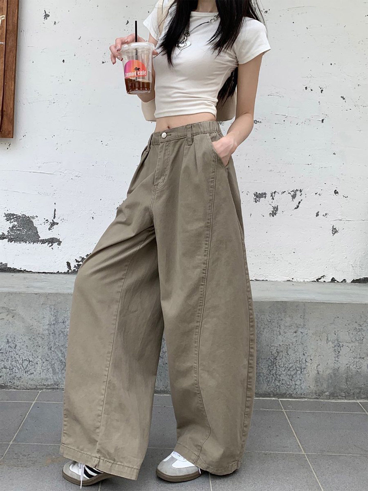 Petite women's khaki wide-leg jeans with