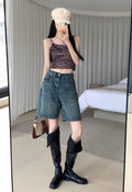 Retro straight-leg denim shorts for women