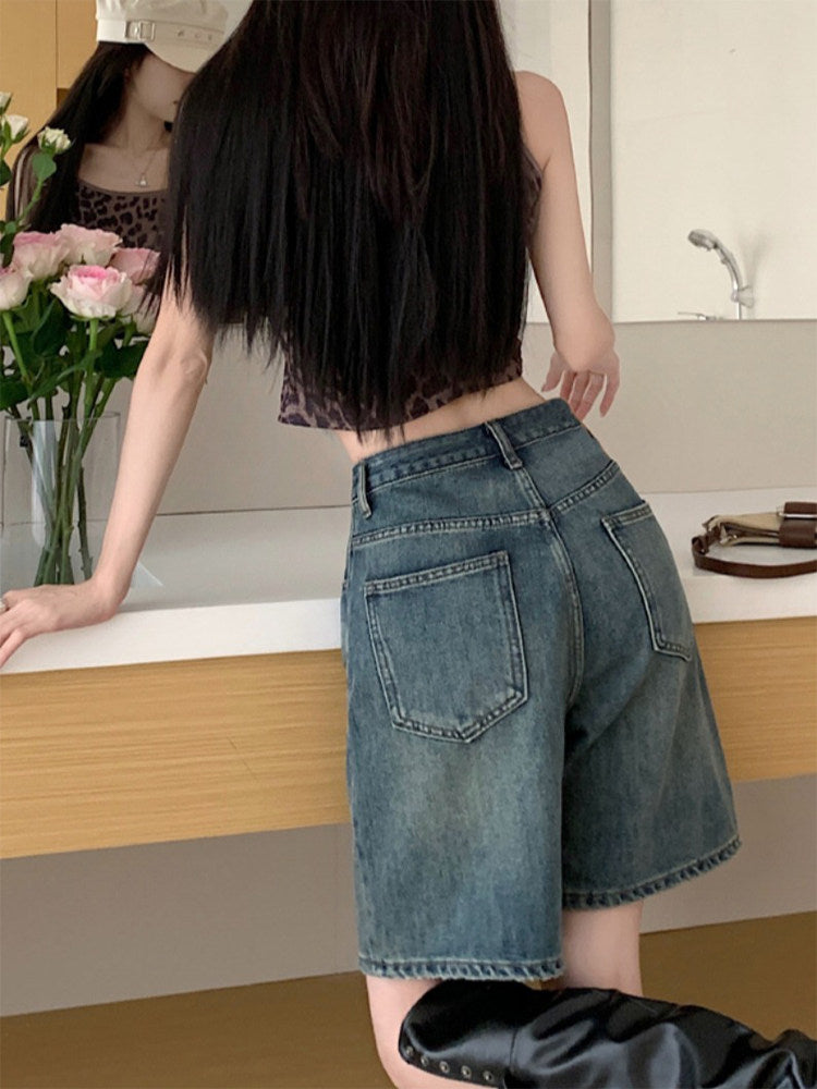 Retro straight-leg denim shorts for women