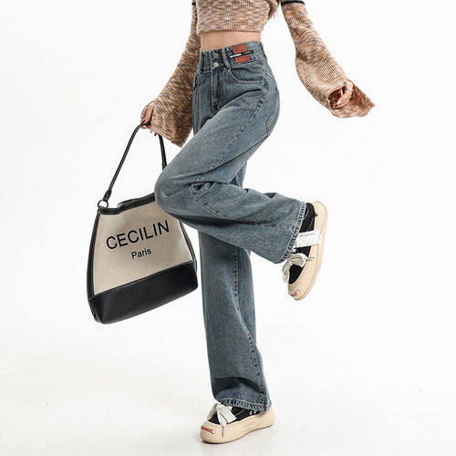 Blue straight-leg wide-leg pants